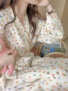 女士睡袍一件装 - 简约欧式风格长袖家居服，花熊印花，轻薄面料，纯色，春秋夏居家浴袍，尺码齐全，适合小码到大码，可用于婚礼、派对、水疗浴室装饰 - 花朵熊 - 查看 8