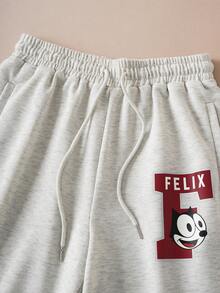 SHEIN Felix The Cat 2pcs Women Casual Letter & Cat Print Asymmetrical Neck Sweatshirt And Pants Set, Autumn - رمادي - مشاهدة 7