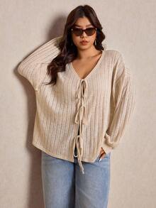 SHEIN Elaquor Plus Size Women Solid Color Knit French Fuzzy Sweater, Bow Tie Front Design, Suitable For Casual, Home, School Wear, Autumn/Winter - Apricot - View 5