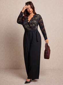 Elaquor Bộ jumpsuit ren phối ren gợi cảm, thời trang cỡ lớn - màu đen - Xem 5
