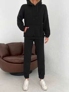 EURMUSE Cotton Solid Drawstring Hoodie & Sweatpants - Black - View 3