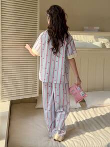 DAZY Tween Girl Striped Cherry Print Bow Decor Short Sleeve Top And Pants Pajama Set - Blue - View 6