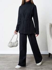 SHEIN Tall 100% Cotton Solid Color Turtleneck Casual Sweater 2pcs/Set - Black - View 5