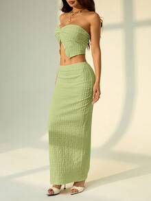 SHEIN PETITE Bộ áo ống và quần short dệt kim họa tiết màu be cho nữ, trang phục mùa xuân, trang phục lễ hội Rave, trang phục phương Tây cho nữ, trang phục đi biển cho nữ - màu xanh lá - Xem 5