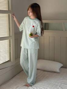 DAZY Teen Girl Striped Short Sleeve Top And Pants Pajama Set Spring - Green - View 3