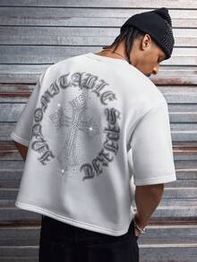 AXEPEAK 男士休闲宽松短袖T恤，白色，饰有手工水钻贴片，夏季款