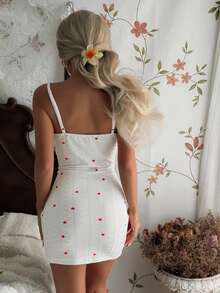 SHEIN Romantic Floral Knit Jacquard Heart Print Delicate Lace Bow Strap Women Nightgown - White - View 3