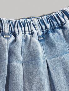 SHEIN Girlism Tween Girl Fashion Homecoming Streetwear Mix And Match Versatile Design Y2k Vintage Cool Street Light And Charming Pink Bow Decoration Adorns Blue Denim Pleated Half-Length Skirt For Dailywear And Spring To Summer Rave Festival And Streetwear - Blue - View 5