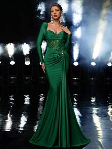 Glamrae 优雅奢华的串珠亮片拼接弹力针织美人鱼长裙，长袖设计，适合婚礼、派对、度假、盛大晚宴和正式场合。 - 墨綠色 - 查看 4