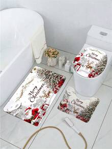 3 PiecesSanta Claus Print Bathroom Set With Christmas Elements. The Set Includes A Bathroom Rug, A U-Shaped Toilet Seat Cover, And A Non-Slip Toilet Seat Mat With A Rubber Backing. It's A Washable Flannel Stain-Resistant Bathroom Accessory. - Multicolor - View 1