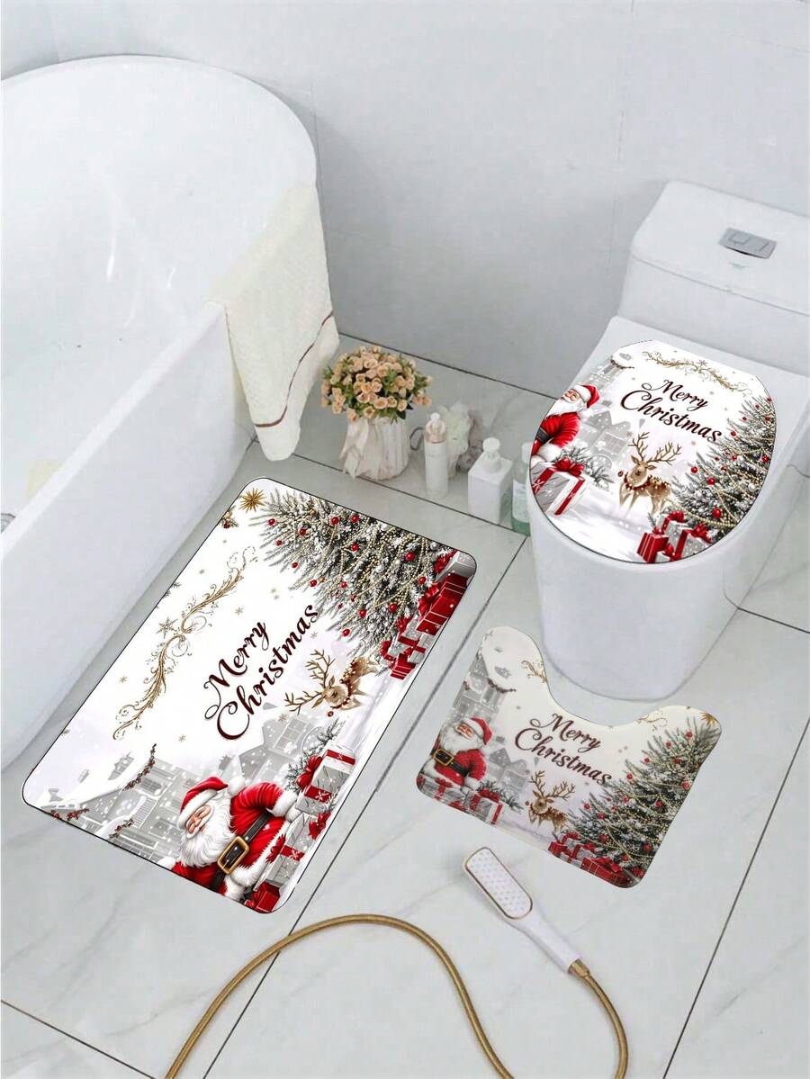 3 PiecesSanta Claus Print Bathroom Set With Christmas Elements. The Set Includes A Bathroom Rug, A U-Shaped Toilet Seat Cover, And A Non-Slip Toilet Seat Mat With A Rubber Backing. It's A Washable Flannel Stain-Resistant Bathroom Accessory. - Multicolor - View 1