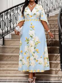 SHEIN Lady 大码优雅印花裹身连衣裙，夏季 - 彩色 - 查看 4