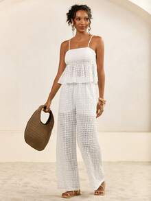 CAJUNI Ruffled Camisole And Elastic Waist Pants Set ,White Sundress For Women White Sun Dress For Women - White - View 5
