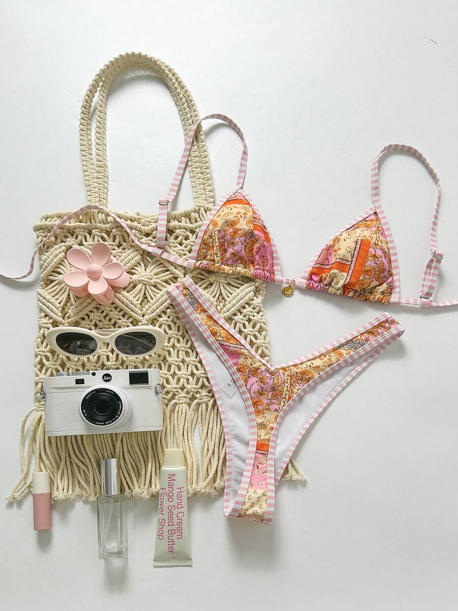 Swim Mod Women's Random Print Halter Metal Decor Bikini Set, Spring/Summer