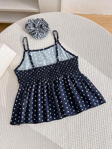 Summer New French Retro Navy Blue Polka Dot Camisole Blouse For Women, Tie Bow Adjustable Shoulder Strap, Waist Cinched, Ruffle Hem, Versatile Crop Top - Navy Blue - View 3
