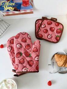 Strawberry Pattern Kitchen Thickened Cooking Microwave Gloves And Insulation Mat For Daily Home Use Kitchen Restaurant Oven Gloves Insulation Mat Set 2PCS 4PCS - Strawberry - View 5