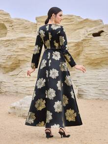 Al Najma Women's Elegant Floral Print V-Neck Arabic Style Dress, Autumn - Multicolor - View 2