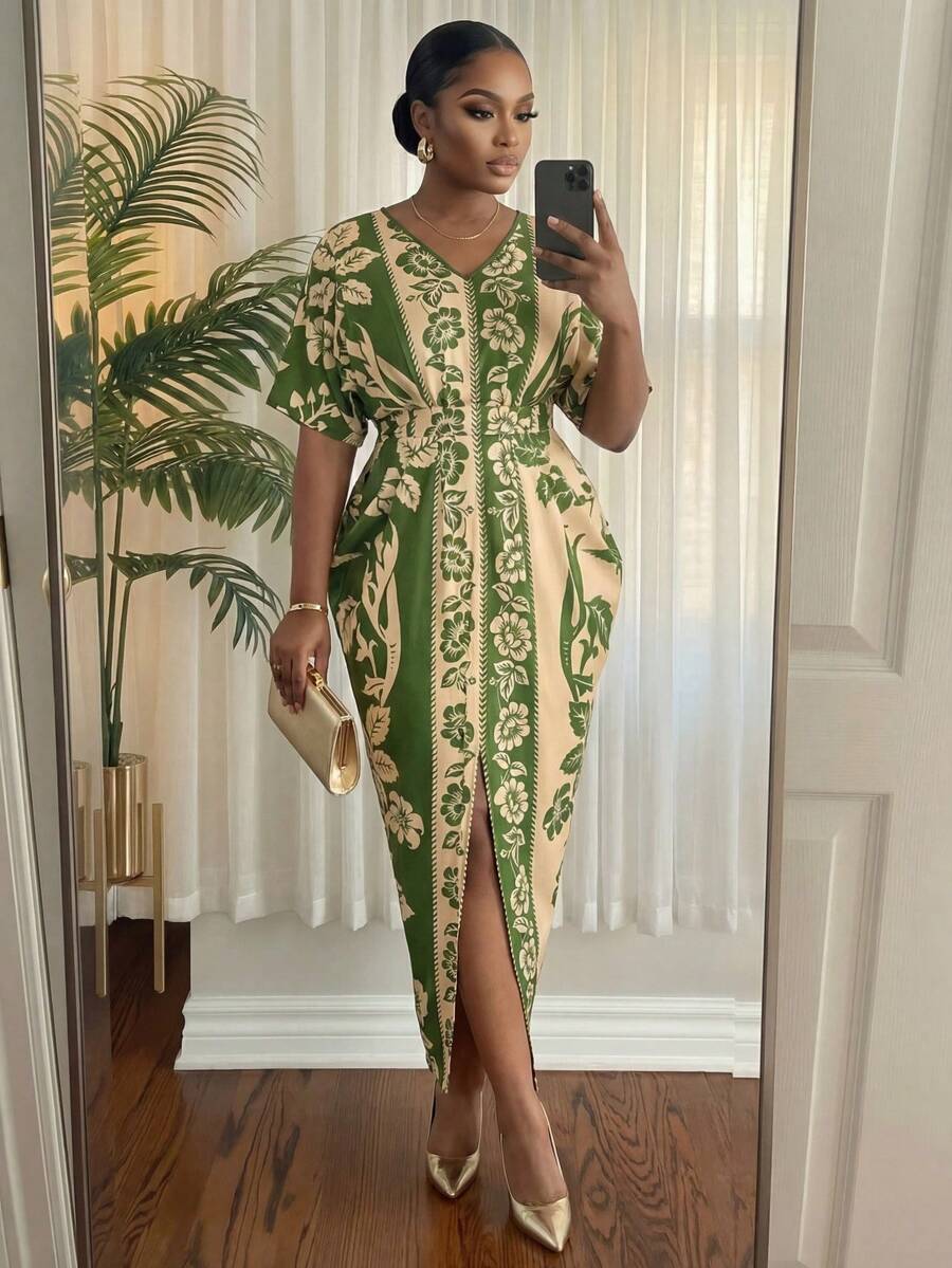 SHEIN Lady 春夏休闲优雅波西米亚风彩色编织V领开衩系带露背长短袖大码连衣裙女装夏季海滩度假装扮波西米亚风女装度假装扮女士度假连衣裙女士夏季服装波西米亚海滩装扮女士夏季服装 - 彩色 - 查看 1