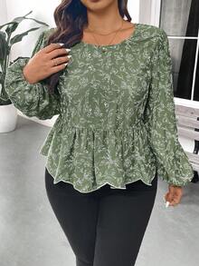 SHEIN Frenchy Áo kiểu nữ cỡ lớn, thời trang, đa năng, thêu họa tiết, buộc dây sau lưng, bèo nhún, phối màu xanh dương và trắng, tay dài. - màu xanh lá - Xem 3