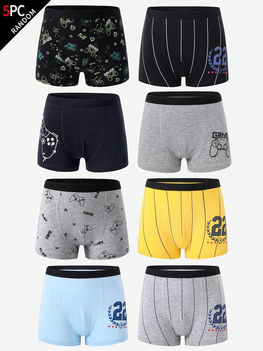 5条装青少年男童极简时尚电子游戏条纹印花透气纯棉柔软三角裤 - 彩色 - 查看 1