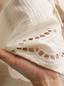 CosyJoli Plus Size Casual V-Neck Long Sleeve Shirt With Tie-Up,Slightly Sheer, Floral Lace Patchwork Texture Clothes For Women Spring