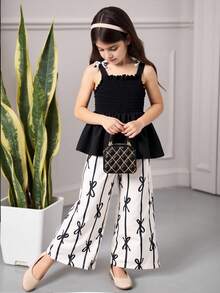 两件套女童露肩吊带背心+蝴蝶印花弹力腰阔腿裤，法式时尚优雅套装，适合女孩日常穿着和派对场合 - 黑與白 - 查看 7