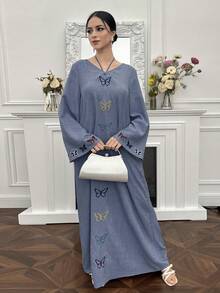 Yasmyna Women's Butterfly Embroidered Long Sleeve Loose Casual Halter Dress Kaftan Jalabiya Dress - Dusty Blue - View 4