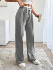 EURMUSE Pantalones anchos casuales con cintura de cordón de algodón - Gris - Ver 3