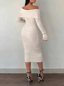 EURMUSE Foldover Off Shoulder Button Front Split Thigh Sweater Dress - Beige - View 2