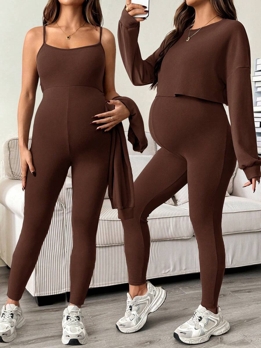 SHEIN Bộ đồ bầu 2 món: Áo liền quần không tay màu trơn tối giản mặc hàng ngày và áo dài tay cổ tròn. - Cà phê nâu - Xem 1