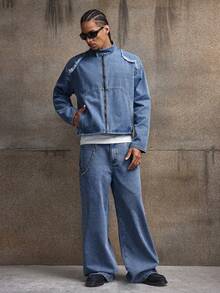 AXEPEAK Áo khoác denim nam casual, kiểu dáng wash, có chữ và họa tiết thêu. - Màu xanh lam - Xem 5