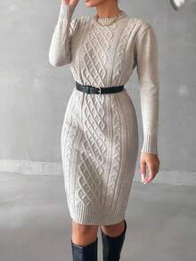EURMUSE Cable Knit Sweater Dress Without Belt - Beige - View 4
