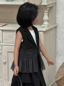 DAZY Jaket Tanpa Lengan dengan Kerah Berbentuk Jala dan Hem untuk Anak Perempuan Warna Polos - Dark Grey - View 5