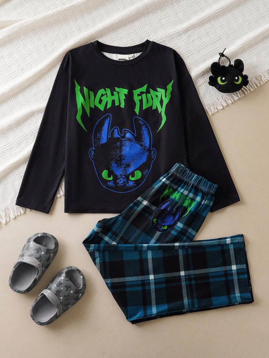 SHEIN How to Train Your Dragon Tween Boy Cartoon Letter Graphic Long Sleeve Top And Plaid Pants Pajama Set, Spring/Autumn - Multicolor - View 1