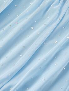 SHEIN MOD 时尚性感亮片装饰斜肩长袖透视T恤，杏色露肩网纱二合一喇叭袖长袖女式上衣，西部风，复古风，70年代风格，单身派对，秋季女装，圣诞节，黑色上衣，亮片上衣，派对装，黑色上衣 - 淺藍色 - 查看 3