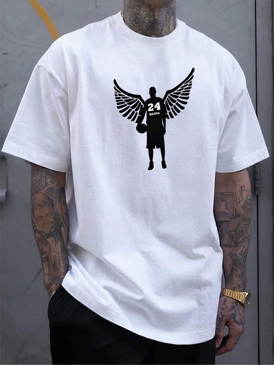 Versatile Baggy Short Sleeve T-Shirt With Fun Basketball Print, Ideal For Vacation, Work And Use - White 3 - View 1