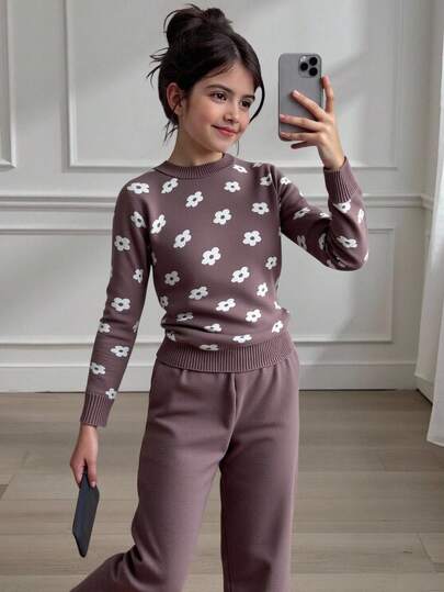 Tröja för tweenflickor, moderiktiga söta rund halsringade, vanliga långärmade tröjor + tröjbyxor, lämpliga för vardag, utomhus, resor, semester, hem, dagis och lekkläder för tweenflickor