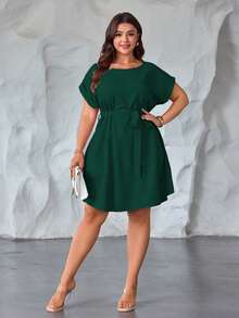 SHEIN Clasi Plus Size Women's Woven Regular Spring/Summer Casual Waist Tie Sleeve Round Neck Lotus Root Pink Dress - Green - View 4