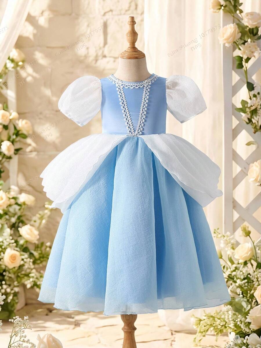 Glamorique Kids Girls Birthday Party Wedding Dress, Sapphire Blue Glitter Tulle Puff Princess Dress, Cosplay Princess Dress, Layered Dreamy Sapphire Blue Puff Sleeve - Blue - View 1