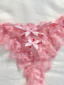 PetitDoll Women's Sexy Heart Flocked Lace Trim Thong Panties