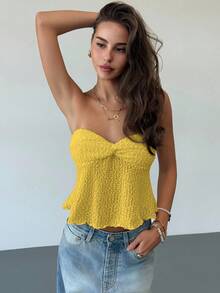 Aloruh Romantic Sexy Yellow Twist Hollow Textured Ruffle Hem Tight Crop Top For Women - Yellow - View 4
