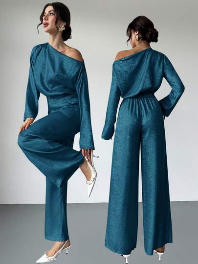 Firerie Set di camicia con maniche a campana e pantaloni a vita alta, spalla asimmetrica, in tessuto metallico, adatto per appuntamenti, feste, pendolarismo, concerti, lauree, outfit da insegnante, occasioni formali