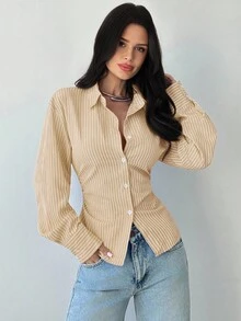 Firerie 女士蓝白条纹长袖衬衫，系带腰身，休闲通勤衬衫，度假衬衫，收腰条纹衬衫，适合春、夏、秋、冬四季穿着，优雅，度假风，波西米亚风，工作装 - 卡其色 - 查看 6