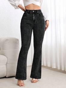 SHEIN ICON 女士休闲百搭黑色喇叭牛仔裤，带口袋 - 黑色 - 查看 7