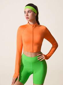 SHEIN Dewbera Women's Raglan Sleeve Zip Front Cropped Orange Sports Jacket - Orange - View 4