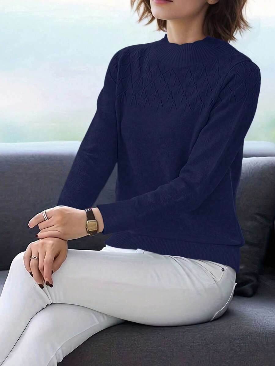 EMERY ROSE Women's Casual Everyday Commute Simple Solid Navy Blue Turtleneck Pullover Sweater, Autumn/Winter - Navy Blue - View 1