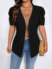 Elenzga Plus Size Women's Solid Color Short Puff Sleeve Casual Minimalist Lightweight Blazer - Black - View 4