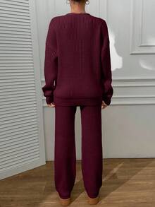 EURMUSE V Neck Sweater And Pant Casual Elegant - Burgundy - View 2