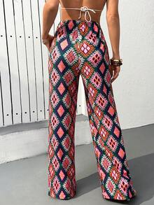 EURMUSE Women Printed Detailed Drawstring Wide Leg Pants - Multicolor - View 2
