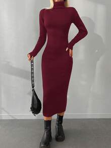 EURMUSE Autumn/Winter Casual Solid Color Turtleneck Fitted Knit Dress - Redwood - View 4
